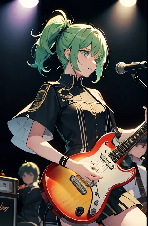 A band group wearing band-like clothes and holding a guitar, the main character is a guitar and vocalist, a concert on stage, a lady band contest winner, a microphone stand, green hair, green eyes