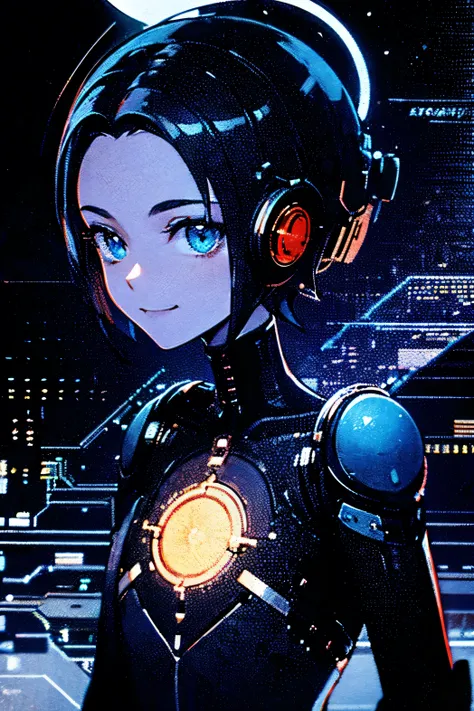 a humanoid robot, head with gears and wires showing, estilo steampunk, design futurista, hd, melhor qualidade, olhos em um aspecto de engrenagem, sorriso parcial, fios de cobre saindo da boca, (glitch:1.3)