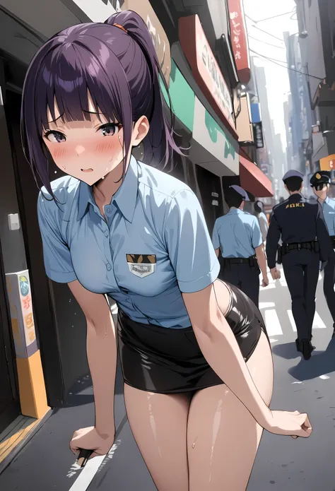 (masterpiece, highest quality:1.2),1woman,18 year old beauty、solo,ponytail hair,dark purple hair,blush,very small head,slender and long body,skinny,medium breasts,naked,sweat,oily skin,shiny skin,sweat,Police uniform collared shirt、light blue shirt,Short s...