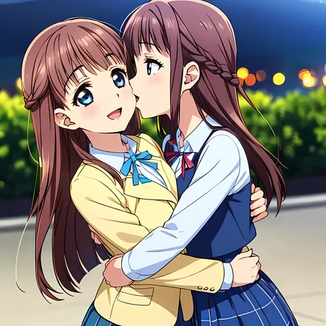 highest quality, (masterpiece:1.2), very detailed, game cg, (((very beautiful girl in school uniform２two fashion models kissing)...