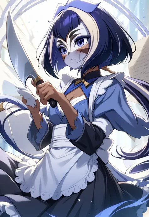 (shylily/(Twich/):1.5),(masterpiece:1.2),(best quality:1.2),Anime character in maid outfit holding knife and paper, maid clothes,