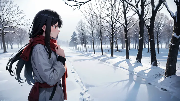 In the quiet snowy winter scenery、Profile of a young woman calmly receiving snow in her palm。She has black hair and a red scarf、Wearing a soft grey coat。In the background is a tree with leaves.々But it is vaguely depicted.、The silence and gentle atmosphere ...