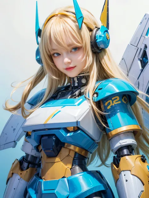 [(White Background:1.5),::5], masterpiece, Absurd, highest quality, Best aesthetics, Super detailed, One girl, alone, Yellow Hair, Long Hair, blue eyes, SF, (mecha musume:1.4), Machinery Parts, headgear, V-fin, Mechanical Wing, Machinery Armor, Smile, ((Ne...