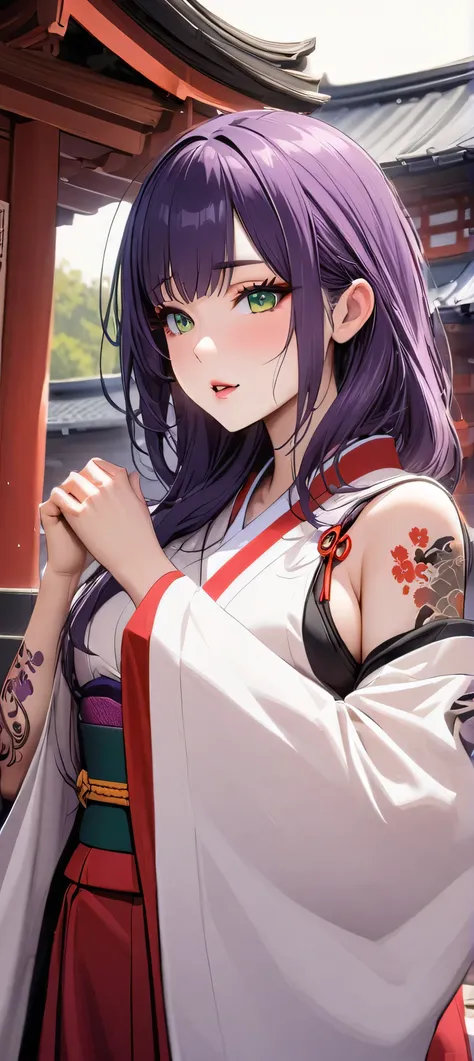 one arafed woman with purple hair and green eyes, japanese tattoo sleeve on her right arm, kimono, sfw, japanese temple