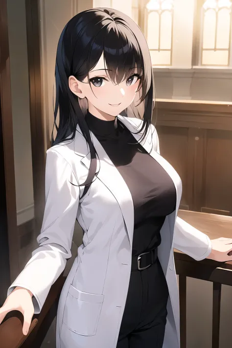 masterpiece, best quality, highly detailed, 1girl, black hair, black eyes, hands down, white lab coat, long pants, smile, indoor, professional lighting, looking at viewer