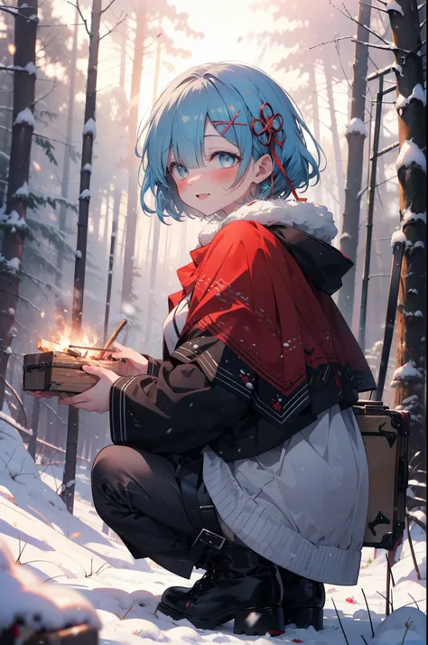 rezeroRem, Rem, blue eyes, Blue Hair, hair ornaments, Hair on one eye, hair ribbon, short hair, x hair ornaments,smile,blush,White Breath,
Open your mouth,snow,Ground bonfire, Outdoor, boots, snowing, From the side, wood, suitcase, Cape, Blurred, having me...