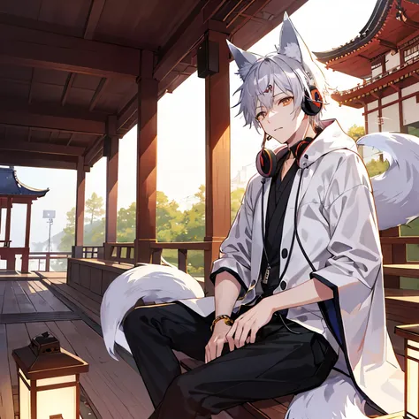 boy、handsome、male、Sitting on the veranda of a shrine temple listening to music with headphones、one person、((male性))、youth、((Fox ears))、Silver Hair、Fox ears、Fox&#39;s Tail、kimono、Japan、Lo-fi anime style