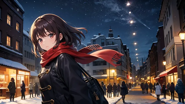 Snowy winter day in the city、A young woman wearing a warm coat and a reddish-brown scarf turns around。Hair is black。Her hair flutters in the wind、In the background, a snow-covered street and street lamps、The silhouettes of passersby are vaguely visible。The...