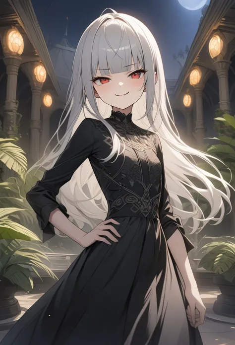 ((12 years old)), (1girl), cute young girl, (smug face:1.3), (Beautiful crimson eyes), ((The noble Dragonewt girl)), (small breast), slender waist, (loose blunt bangs), Shiny unruly hair, long hair, ((beautiful pale silver hair)), ((night)), place hand on ...