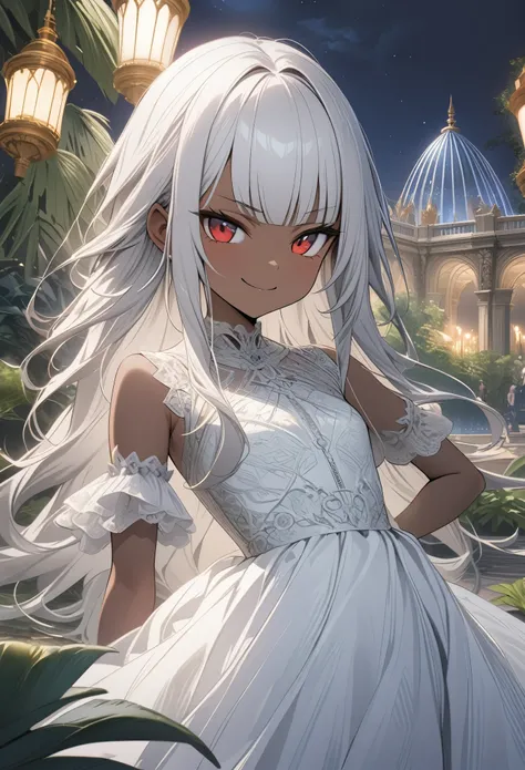 ((12 years old)), (1girl), cute young girl, (smug face:1.3), (Beautiful crimson eyes), ((The noble Dwarf girl)), (Slightly dark skin), (small breast), slender waist, (loose blunt bangs), Shiny unruly hair, long hair, ((beautiful pale silver hair)), ((night...