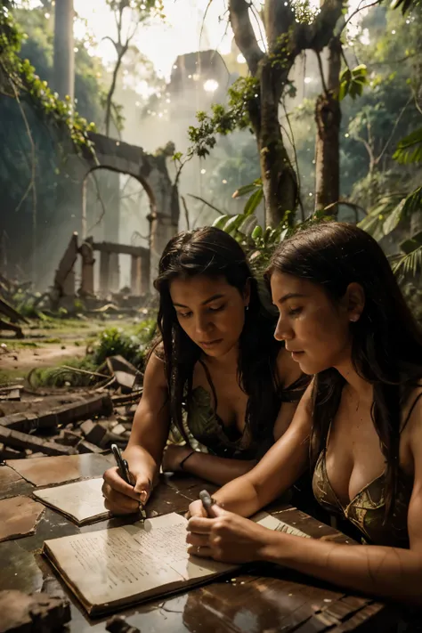 (best quality), 35mm, Agfa Vista 400, ISO-400, 1/30, f/4, low light exposure, extremely grainy photograph, with the perfectly detailed faces of a caucasian 40-year-old man and a curious caucasian young girl, amidst the ((((((ruins of an ancient Amazonian c...