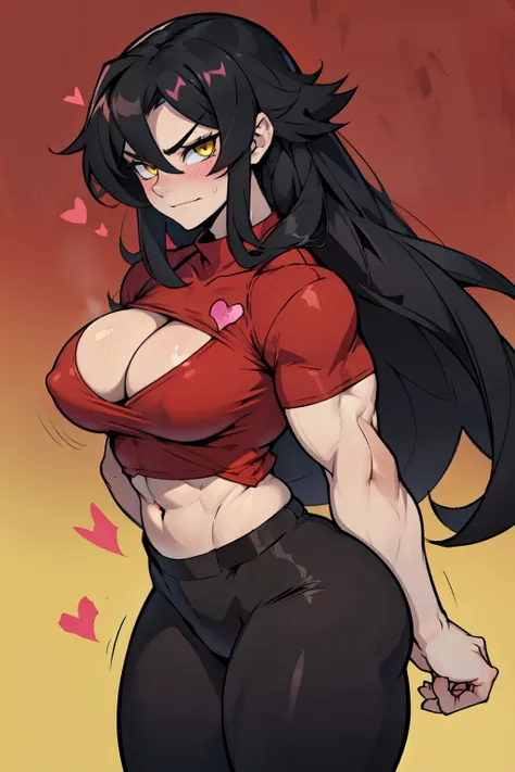 ((1girl)) pale skin large breasts (muscular) toned body thick thighs black hair yellow eyes (long hair) bodybuilder tight red shirt blushing ((heart seductive expression)) best quality hair flaps perfect anatomy