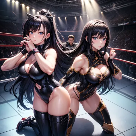 beautiful girl、Female professional wrestler、Big Breasts、Great style、Nice body、Black Hair、long hair、レスringコスチューム、ring、mat、Corner Post、Are standing、The whole body is visible