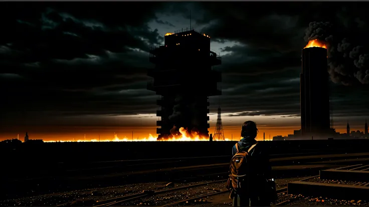 post Apocalyptic scene, 1boy 1girl standing in front of a tower with fire and smoke, lookin at viewer, dressed in ragged clothing, creepy sky, backpack, bag, clouds, outdoors, scarf, buildings, fire, realistic, city