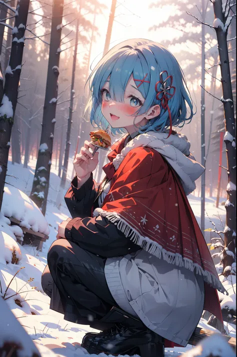 rezeroRem, Rem, blue eyes, Blue Hair, hair ornaments, Hair on one eye, hair ribbon, short hair, x hair ornaments,smile,blush,White Breath,
Open your mouth,snow,Ground bonfire, Outdoor, boots, snowing, From the side, wood, suitcase, Cape, Blurred, having me...