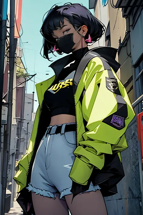 The image features a young woman standing against a backdrop of a city skyline. She is dressed in a black and yellow jacket, with a purple circle on the left side of her chest. A black mask covers her face, and she wears large hoop earrings. Her hair is da...