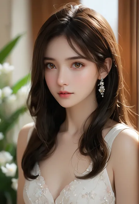 masterpiece，Highest Resolution，Dynamic bust，Delicate brown hair，Clear Eyes，Her hair is covered with beautiful and delicate floral detailing., crystal jewelry filigree，Extremely detailed，Upscaling，Soft Lighting。