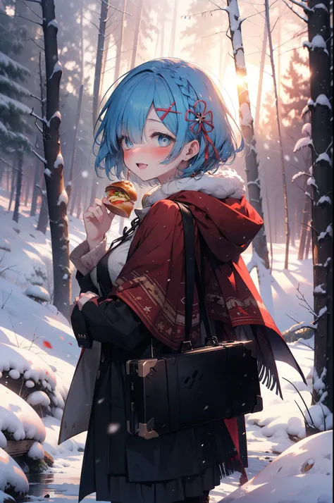 rezeroRem, Rem, blue eyes, Blue Hair, hair ornaments, Hair on one eye, hair ribbon, short hair, x hair ornaments,smile,blush,White Breath,
Open your mouth,snow,Ground bonfire, Outdoor, boots, snowing, From the side, wood, suitcase, Cape, Blurred, having me...