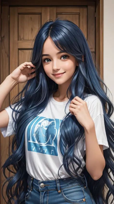 une jeune femme dans la vingtaine, with long wavy blue hair of a soft brown framing a delicate face. Ses grands yeux bleu. Her warm smile lights up her face and transmits positive energy. Nous voyons tout son corps. Elle a une veste en jean et un large tee...