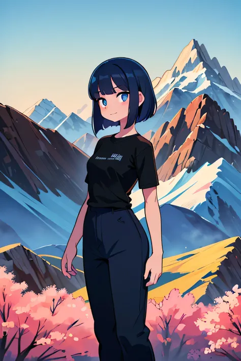 (Ultra bright color, Masterpiece, Best quality, blossom, Warm, soft light, modern, Hi-tech), 1 girl, One, standing tall, full length, (mountains background:1.4), black T-shirt without print, beautiful detailed face, slight smile, (blue) Medium hair, (detai...