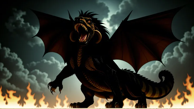 Chimera, hybrid creature, lion with the head of a goat protruding from its back, dragons wings, tail end with a snakes head, animal, realistic, monster fire-breathing , open_mouth, teeth, sharp_teeth, claws