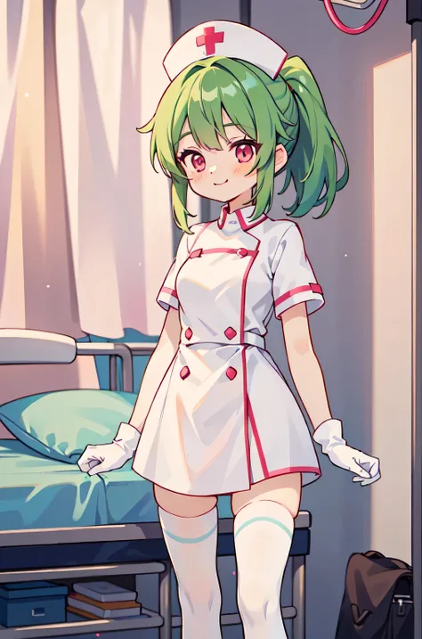 1girl, solo, nurse, nurse cap, white nurse uniform, ((white legwear, zettai ryouiki)), white gloves, ponytail, green hair, pink eyes, smile, standing, ((hospital room)), sharp outline, short sleeves, best quality, masterpiece