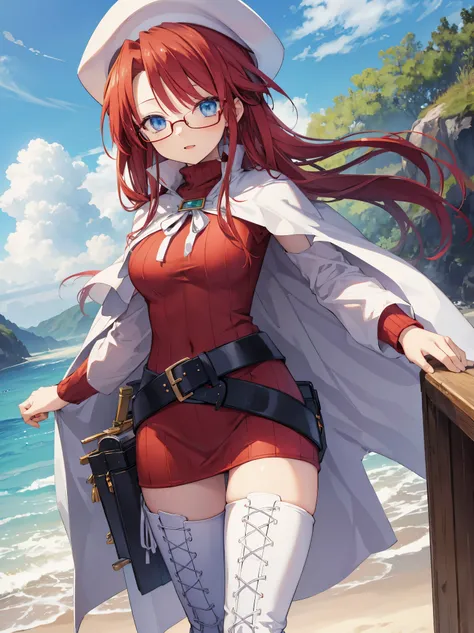 pov,nsfw,summonnightaty, aty, (young:1.3),long hair, blue eyes, red hair, beret, hat, glasses,
BREAK long hair, thighhighs, hat, dress, boots, glasses, belt, cape, sweater, zettai ryouiki, beret, thigh boots, white footwear, ribbed sweater, loose belt,solo...