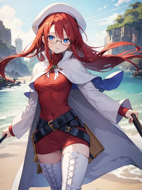 pov,nsfw,summonnightaty, aty, (young:1.3),long hair, blue eyes, red hair, beret, hat, glasses,
BREAK long hair, thighhighs, hat, dress, boots, glasses, belt, cape, sweater, zettai ryouiki, beret, thigh boots, white footwear, ribbed sweater, loose belt,solo...