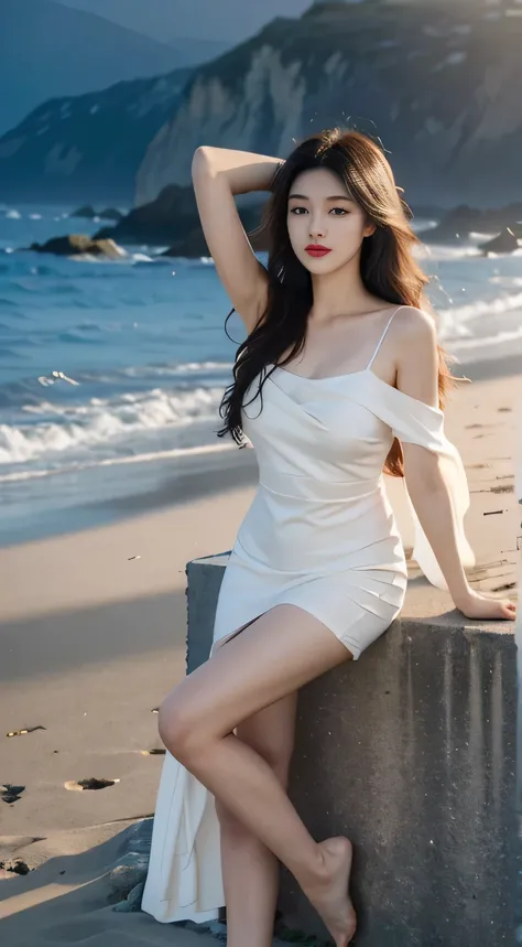 standing on your feet，High picture quality，Works of masters，Kizi，Black hair，Long hair shawl，Long hair flowing over the shoulders，cropped shoulders，clavicle，exquisite face，Hydrated red lips，white dresses，clavicle，facing at camera，Single photo，Hosiery，A sad ...