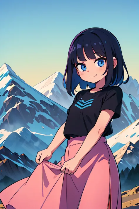 (Ultra bright color, Masterpiece, Best quality, blossom, Warm, soft light, modern, Hi-tech), 1 girl, One, standing tall, full length, (mountains background:1.4), black T-shirt without print, beautiful detailed face, slight smile, (blue) Medium hair, (detai...