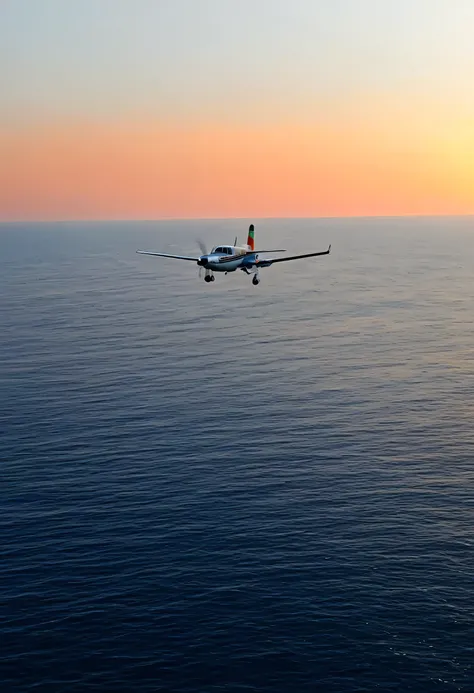 "Please generate a photo showing a propeller aircraft. The aircraft is white with a stripe in LGBTQ colors. It is flying over the sea. In the background, there is a cloudless sky and an orange sunset. There are only a few waves on the sea."