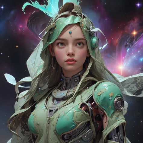 there is a screenshot of a woman in a space suit, cosmic girl, event, cosmic entity, incrinate content details, endless cosmos in the background, historical event, real event, astral background, cosmic background, cosmic goddess, cyborg goddess in cosmos, ...