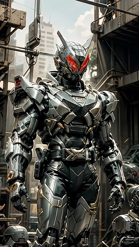 a man wearing a full-face helmet, a fantasy-style biotech armored combat suit, green eyes, (a composite layered chest armor), fu...