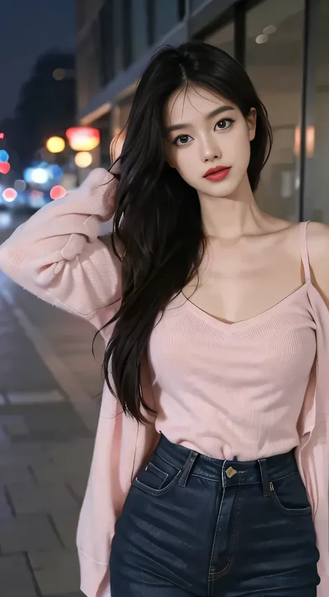 tanding on your feet，High picture quality，Works of masters，Kizi，Black hair，Long hair shawl，Long hair flowing over the shoulders，clavicle，exquisite face，Hydrated light pink lips，shirt jeans，facing at camera，Single photo，Hosiery，A sad expression，Bust，Real Pe...