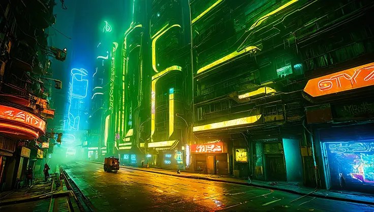 paisaje futurista oscuro, de noche, neon lights, atmospheric fog, grandes edificios de fondo, ciudad futurista, calles sucias y ...