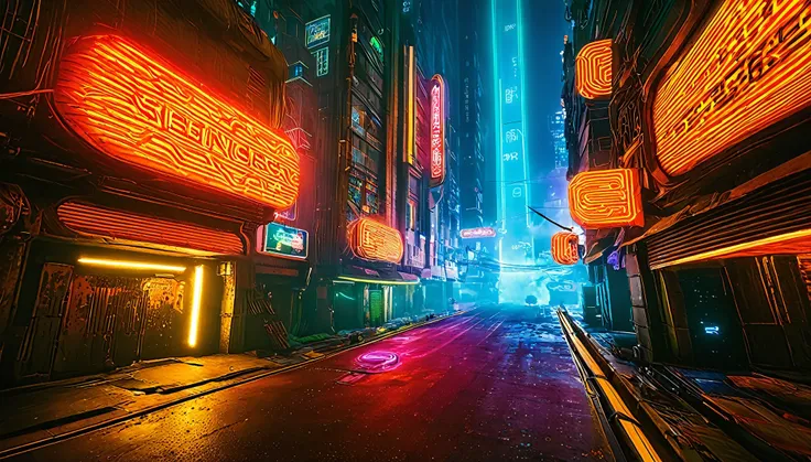 paisaje futurista oscuro, de noche, neon lights, Atmospheric fog, grandes edificios de fondo, ciudad futurista, calles sucias y concurridas con tiendas abiertas, basura en la calle, Edificios en ruinas, rascacielos (postapocalyptic city:1.3)