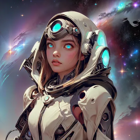 (symmetrical, beautiful eyes) there is a screenshot of a woman in a space suit, a cosmic girl, an event, a cosmic entity, incriminate content details, endless cosmos in the background, historical event, real event, astral background, cosmic background, cos...