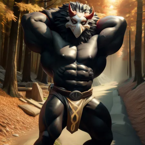 (masterpiece, best quality, hi res, extreme detail, detailed background:1.4), mitachurl, solo, male, mask, (pose:1.3), (posing:1.3), (full body), forest background, 1boy, standing, male focus, muscular male, abs, loincloth, close-up, sexy, one hand behind ...