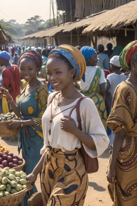 ((best Generate a 16:9 image depicting a lively African village scene with bustling markets, vibrant colors, and people engaging in joyous activities. quality)), ((masterpiece)), (detailed), perfect face