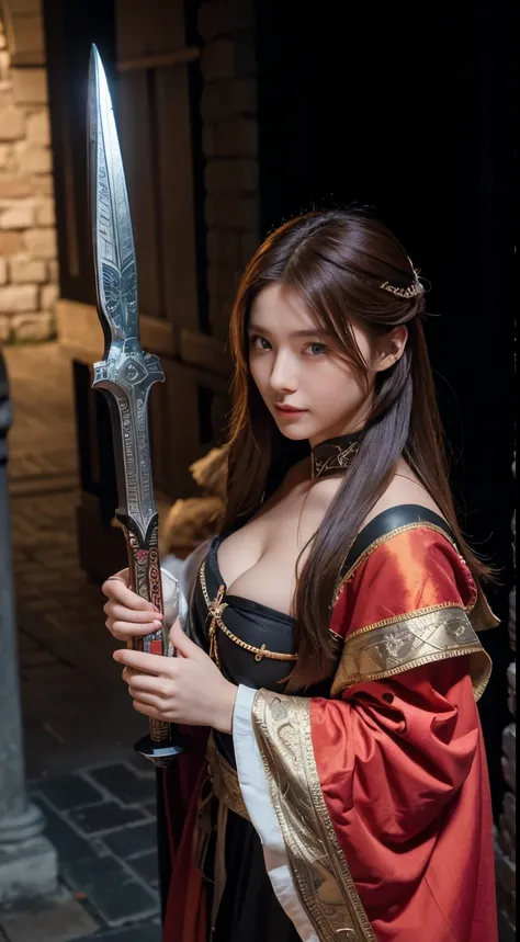 23-year-old Taiwanese beauty, solo singer, cool, perfect interpretation of European fantasy medieval knight. She has huge natural breasts and a perfect figure. She is wearing the costume of the Knights Hospitaller, a cloak, and long red hair. She looks up ...