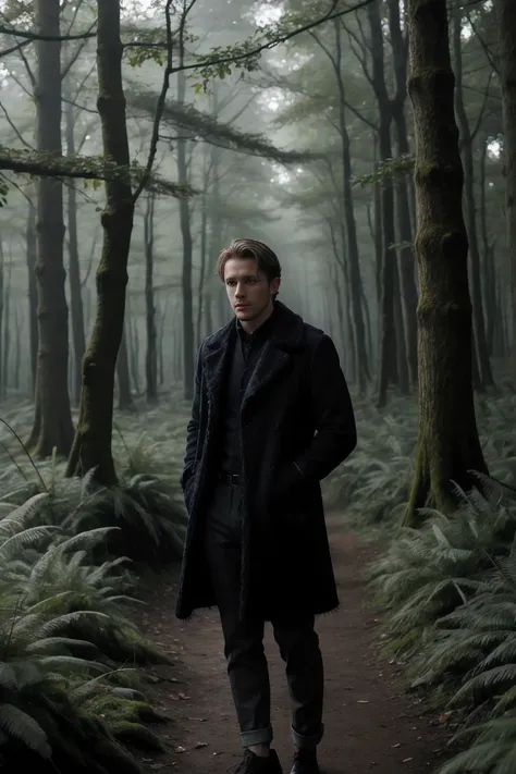 handsome man,alone,casual wear,feather coat,dutch corner ,darkness forest