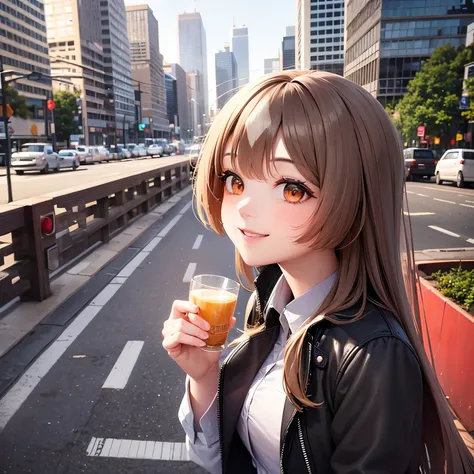Amidst the urban chaos, a moment of grace. Her smile brings warmth to the heart, momentarily forgetting the citys noise,Top quality, masterpiece, ultra-high resolution,