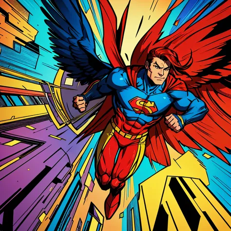 superhero, american, vibrant_colors, 4th-wall_breaking, flying