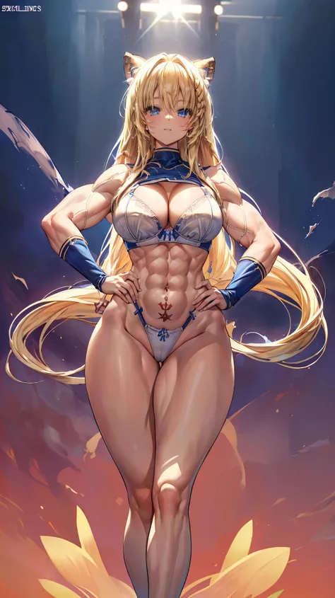 Very detailed、highest quality、Best image quality、masterpiece、8k、Anime Face、A kind smile、(Open your mouth:1.3)、Sparkling blue eyes、(Blonde semi-long hair:1.5)、(Muscles of the whole body:1.3)、(highleg:2.0)、Thigh belt、(Cowboy Shot:1.5)、(SFW Giant)、(Thick body...