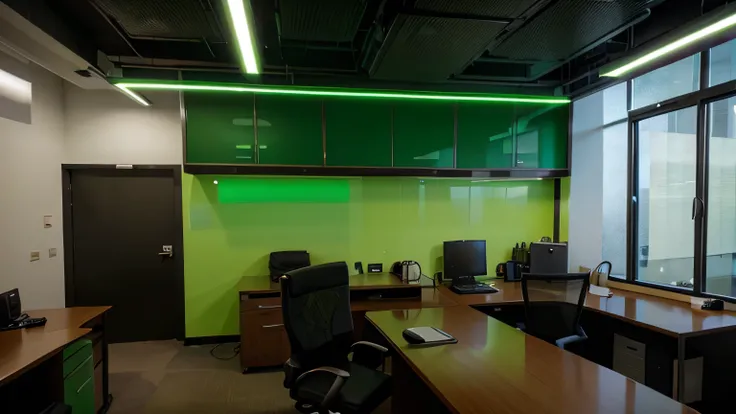 An office with green lights, profissional, elegante, varios computadores