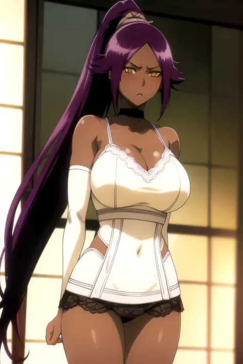 1girl, masterpiece, high quality, huge breast, bright breasts, looking into camera, safe, shining , blush face,  cleavage, standing, yoruichi, long hair, yoruichi shihouin, long hair, (yellow eyes:1.5), ponytail, purple hair, dark skin, dark-skinned female...