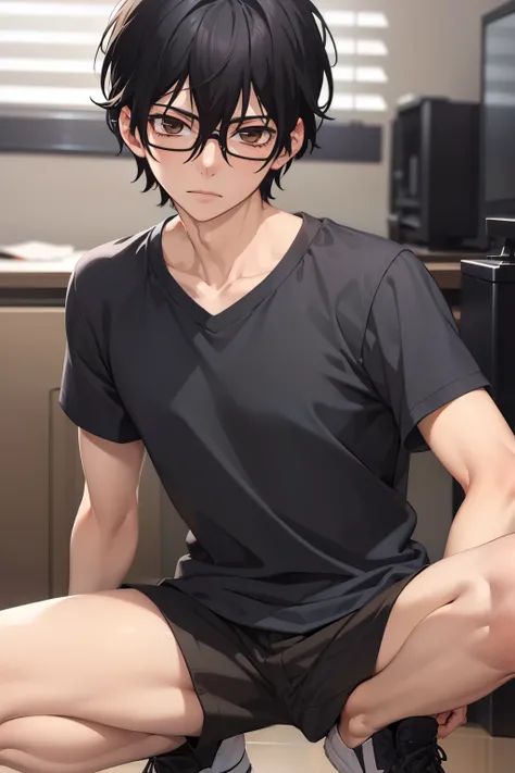 masterpiece, best quality, wallpaper,Squat,1boy, solo, depth of field, momo_sakaki, black hair, brown eyes, hair between eyes, black shirt, Short sleeves shirt,black shorts, glasses, 16k resolution