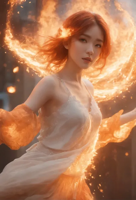 Enter a captivating scene，An anime girl sitting on a floating platform, How energetic fire particles ignite the air around you, Creates a stunningly dynamic atmosphere. Creative lighting styles bathed in brilliant light, Burning light, Harmonizes with rota...