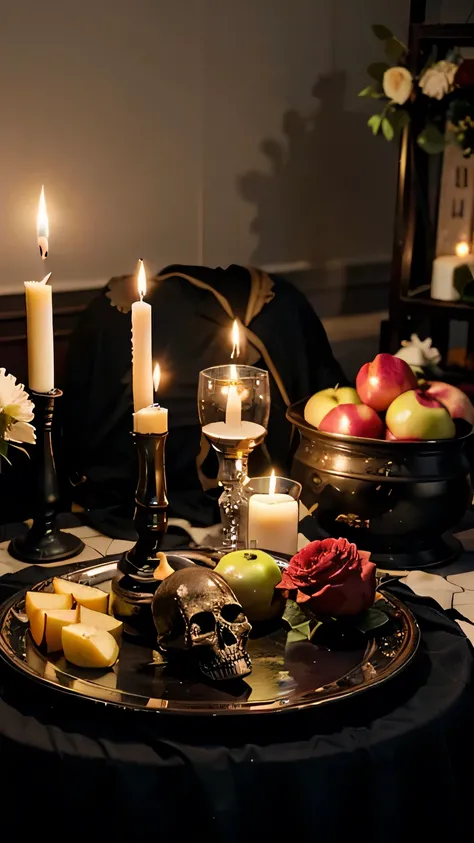 An amateur cell phone photo of a Goetia Luciferiana altar, on a table with a black tablecloth. There are several candles lit in candlesticks, there are skulls, many candles forming a circle around them. There is a black mirror in the shape of a pyramid/tri...