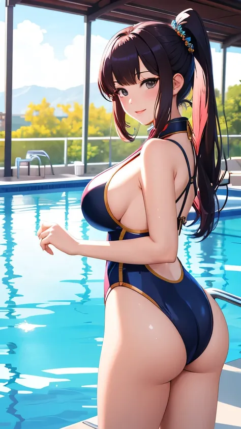 best quality, 1girl, masterpiece ultra detailed, illustration, yang guifei, glossy lips, pool, standing, (swimsuit), light smile, looking back at viewer